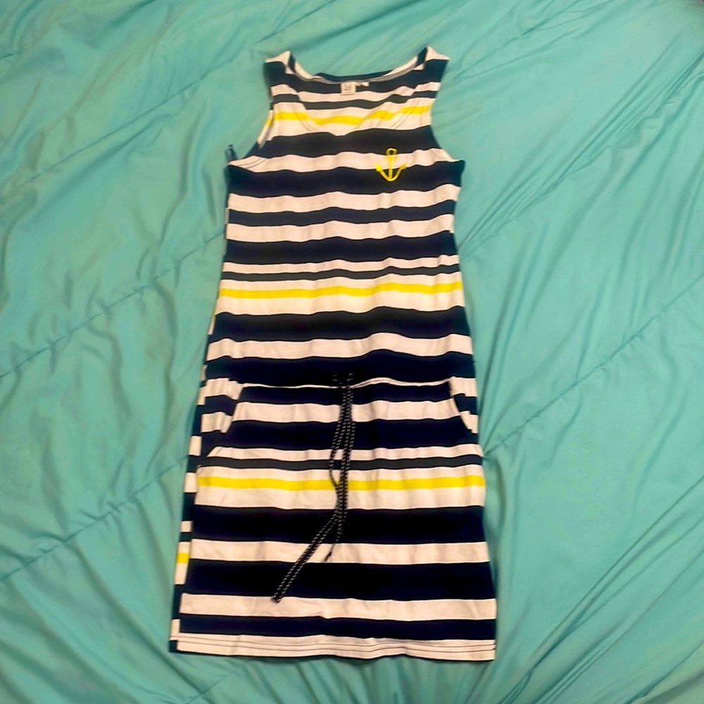 Navy blue yellow and white dress